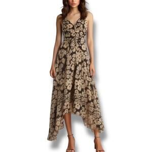 Marc Jacobs Size 8 Silk Asymmetrical Floral Midi Dress Neutral Beige Black Flowy